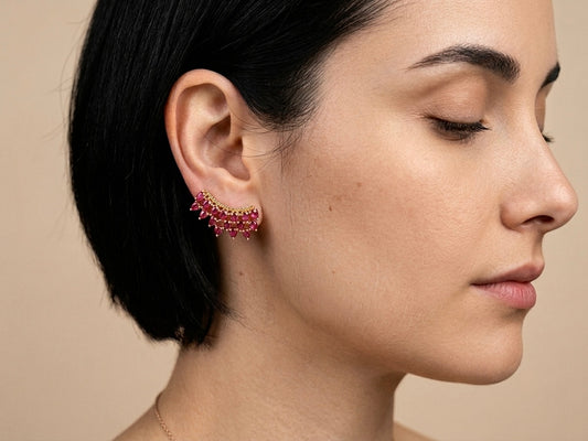 Brinco Ear Cuff Zircônia Rosa Gota Banhado a Ouro