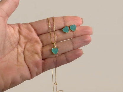 Conjunto Coração Verde Banhado a Ouro