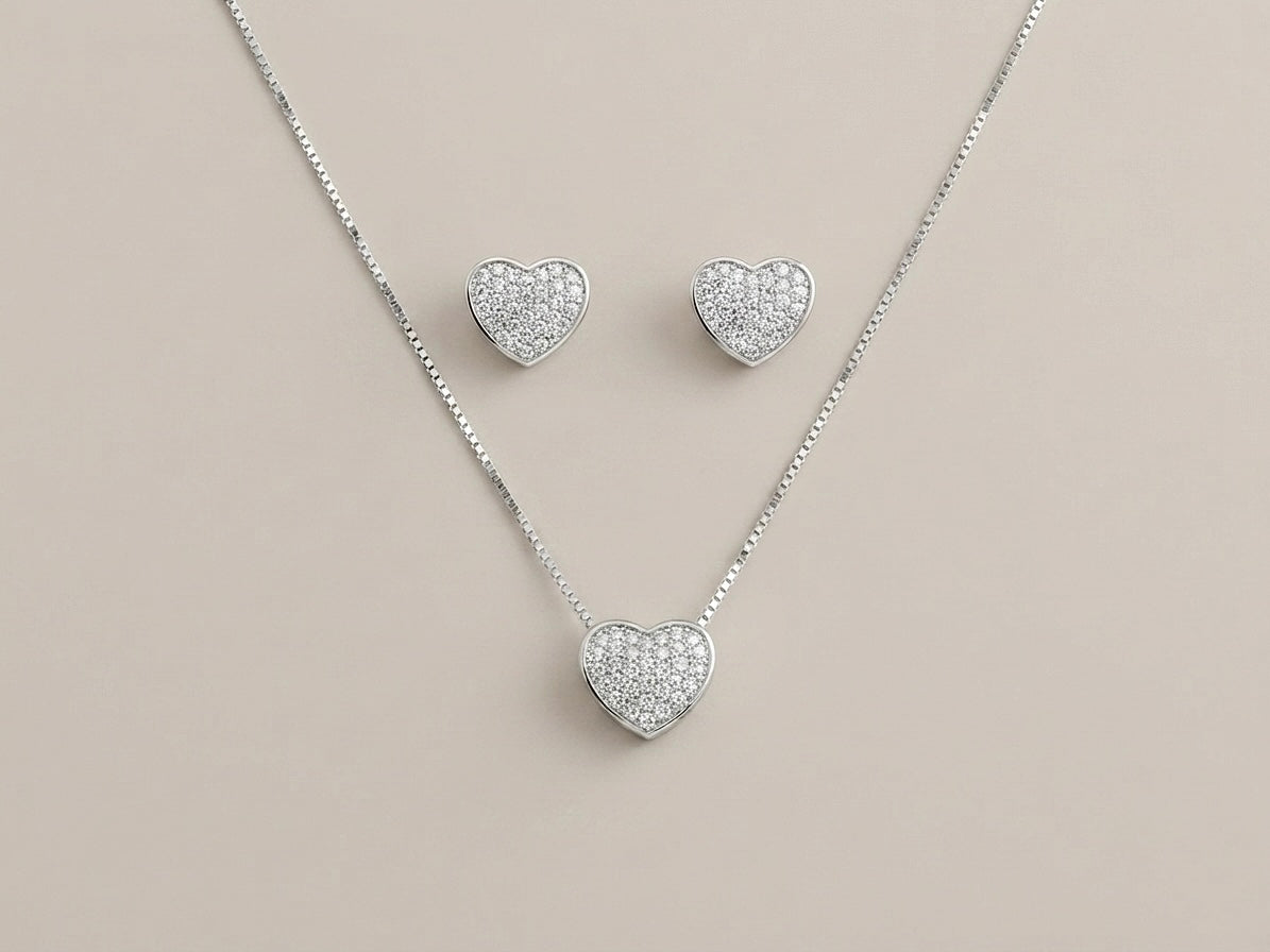 Conjunto Coração Cravejado em Prata 925