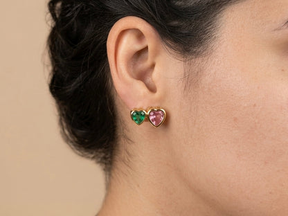 Brinco Coração Duplo Rosa e Verde Esmeralda Banhado a Ouro