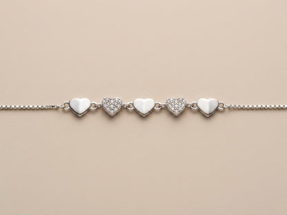 Pulseira Corações Cravejados Prata 925