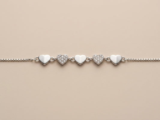 Pulseira Corações Cravejados Prata 925
