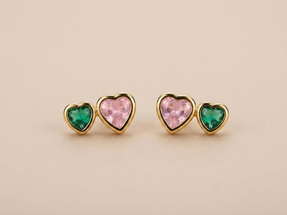 Brinco Coração Duplo Rosa e Verde Esmeralda Banhado a Ouro