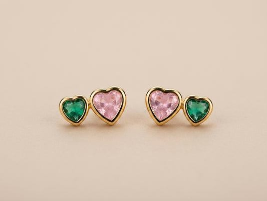 Brinco Coração Duplo Rosa e Verde Esmeralda Banhado a Ouro