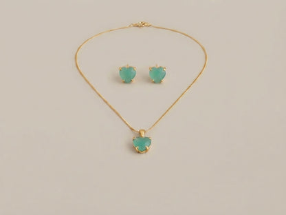Conjunto Coração Verde Banhado a Ouro