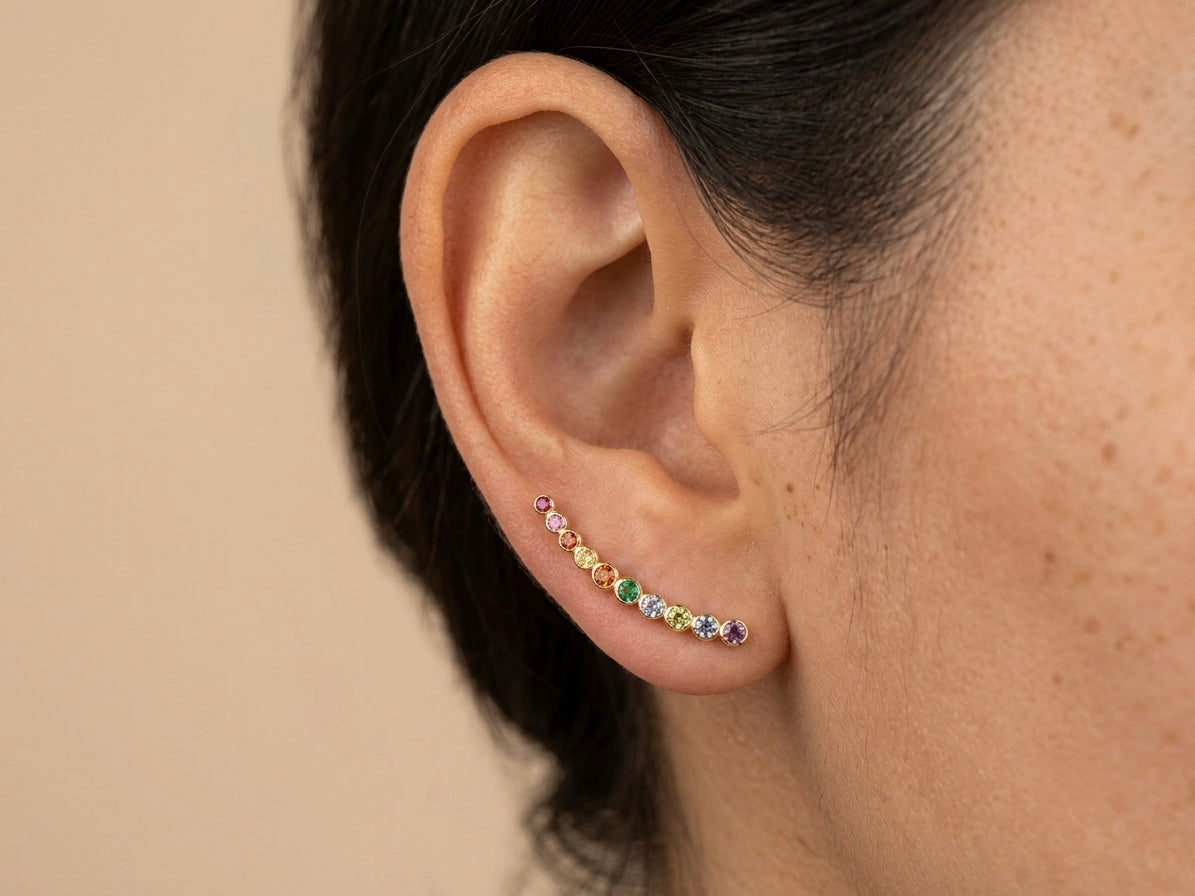 Brinco Ear Cuff Colorido Banhado a Ouro
