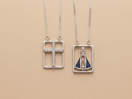 925 Sterling Silver Scapular Necklace with Cross and Our Lady
